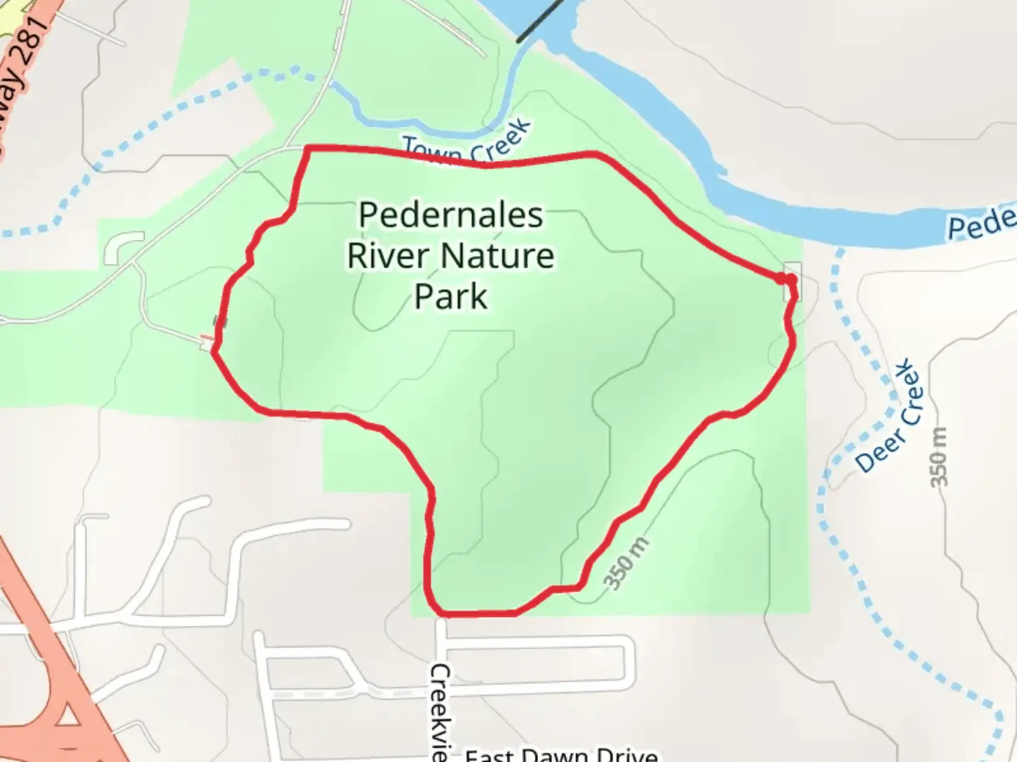 An image depicting the trail Prdernales River Nature Park Loop and its surrounding area.