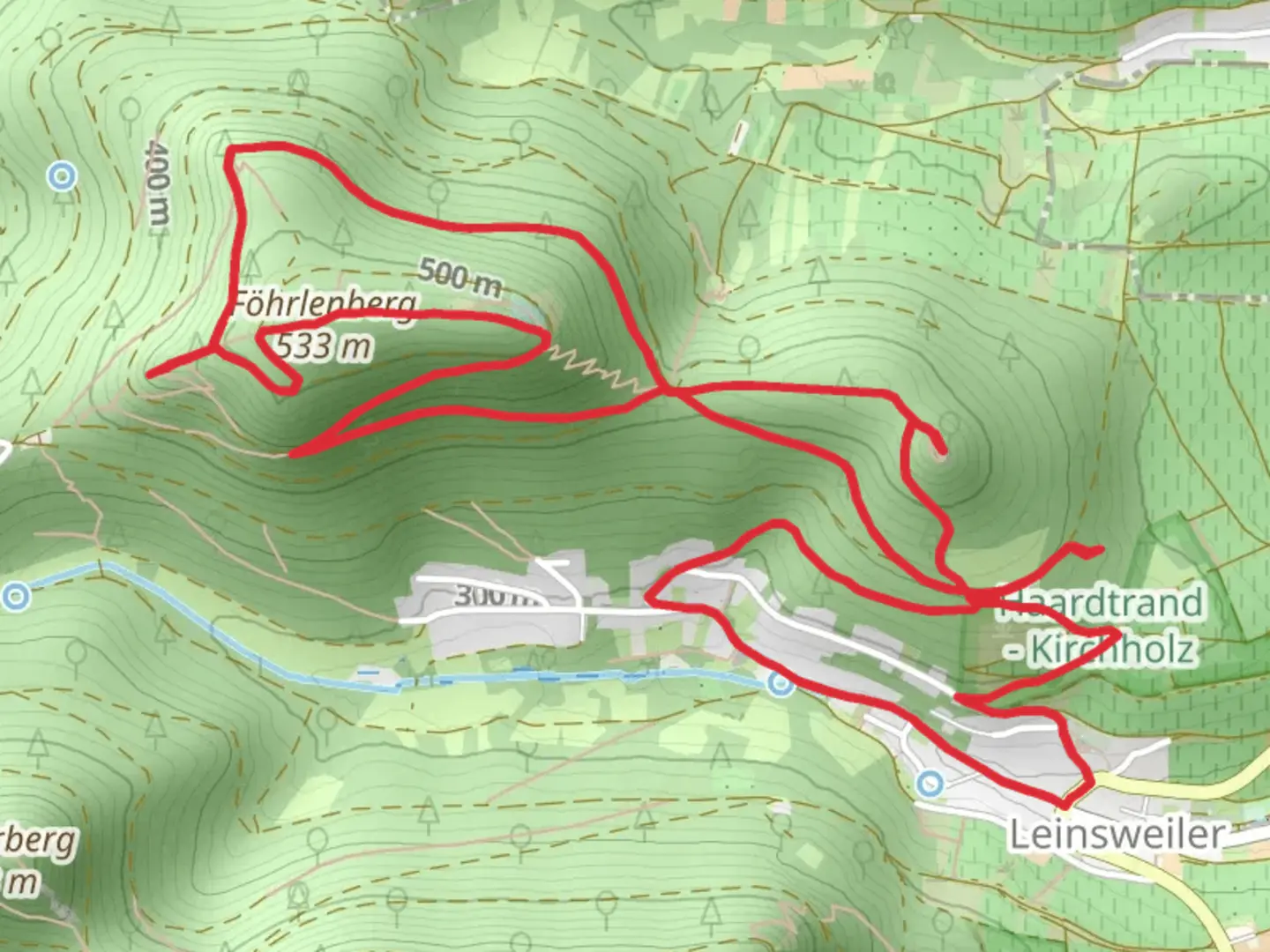 An image depicting the trail Burgruine Neukastel via Max Slevogt Weg Leinsweiiler and its surrounding area.