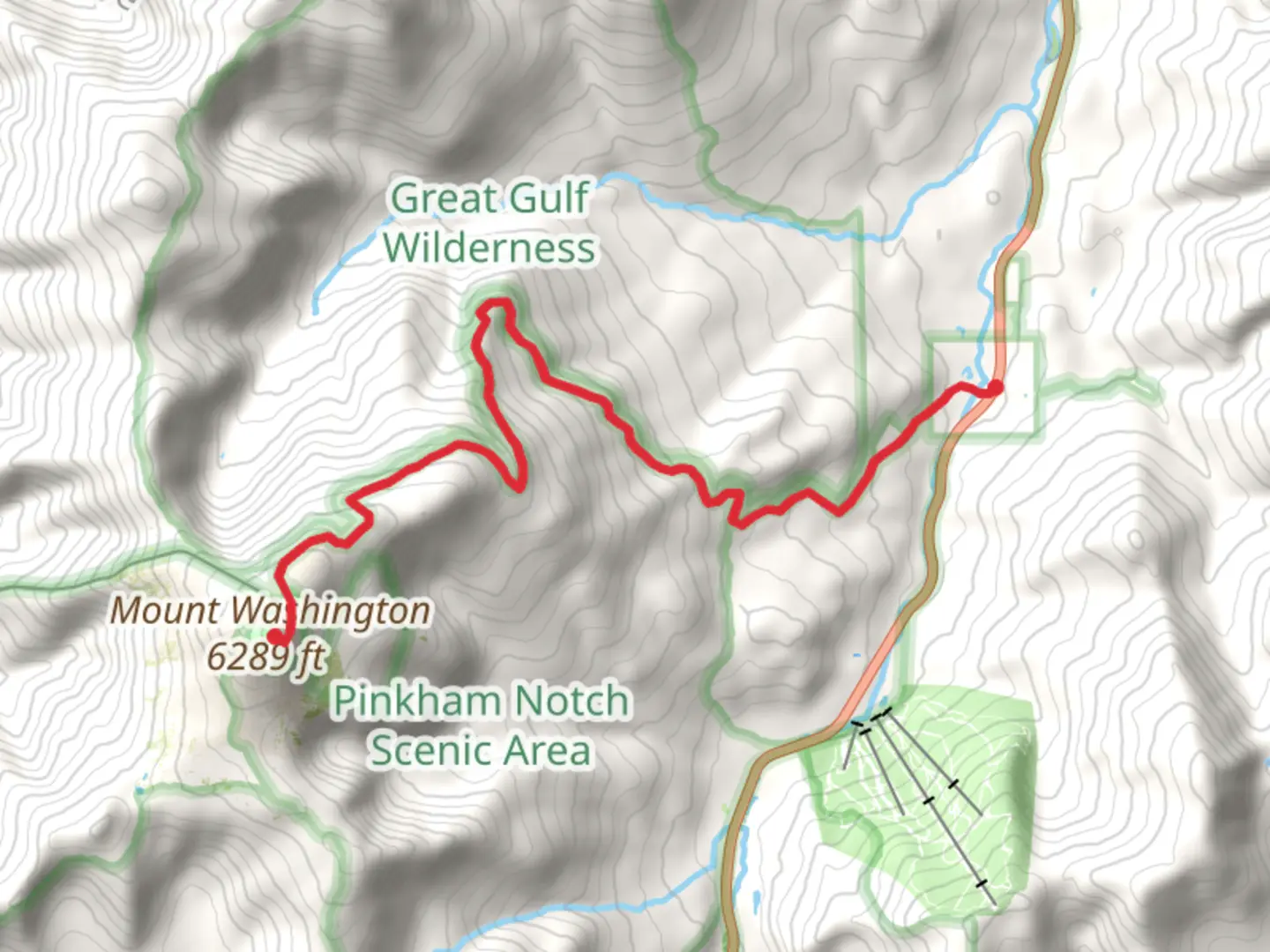 An image depicting the trail Low's Bald Spot, Washburn Point and Agiocochook Crag Trail and its surrounding area.