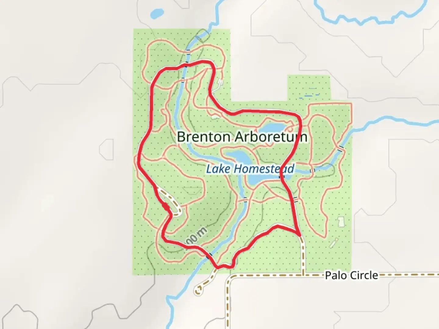 An image depicting the trail Brenton Arboretum Loop and its surrounding area.
