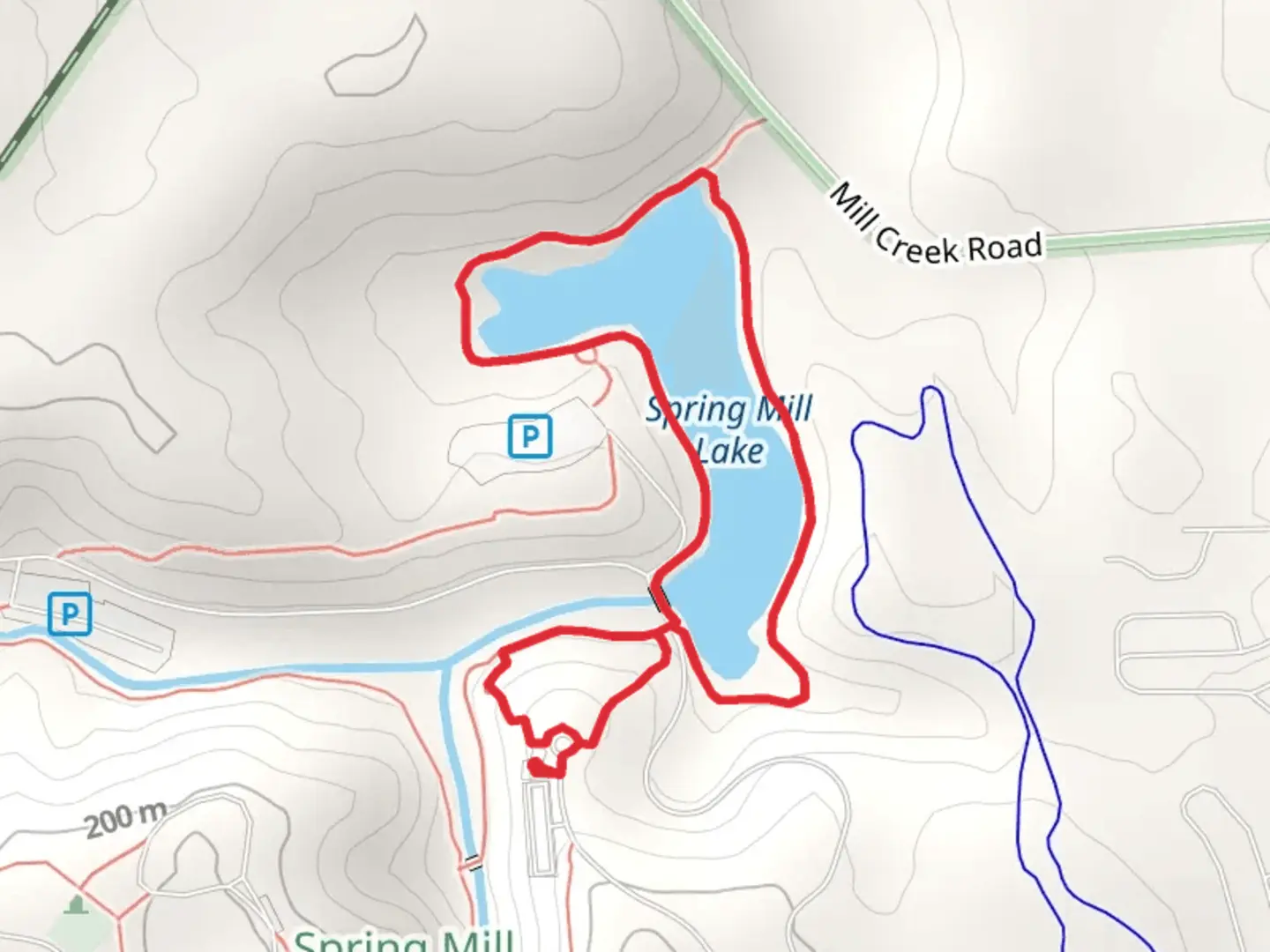 An image depicting the trail Spring Mill Lake Loop Trail and its surrounding area.