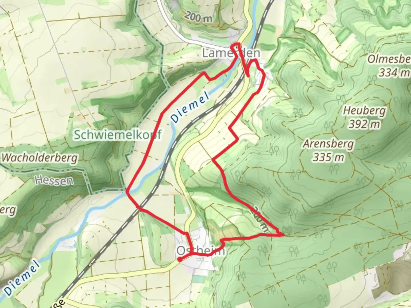 An image depicting the trail Ostheim Loop and its surrounding area.