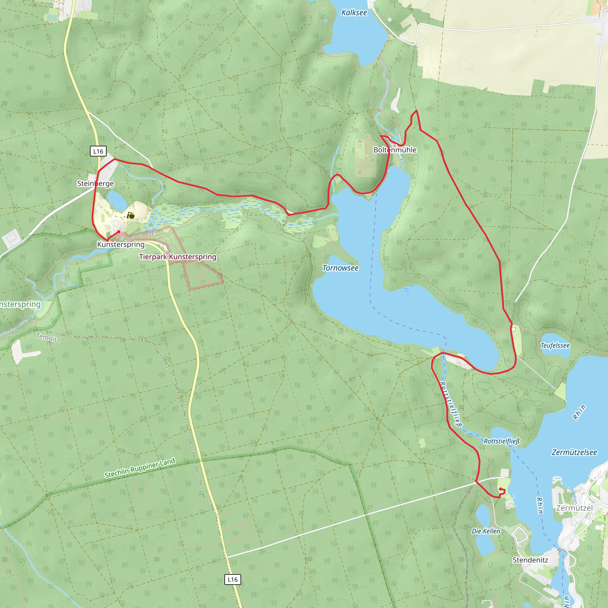 Tornowsee and Zermuetzelsee via Fontanewanderweg and Ruppiner Land Rundweg mobile static map