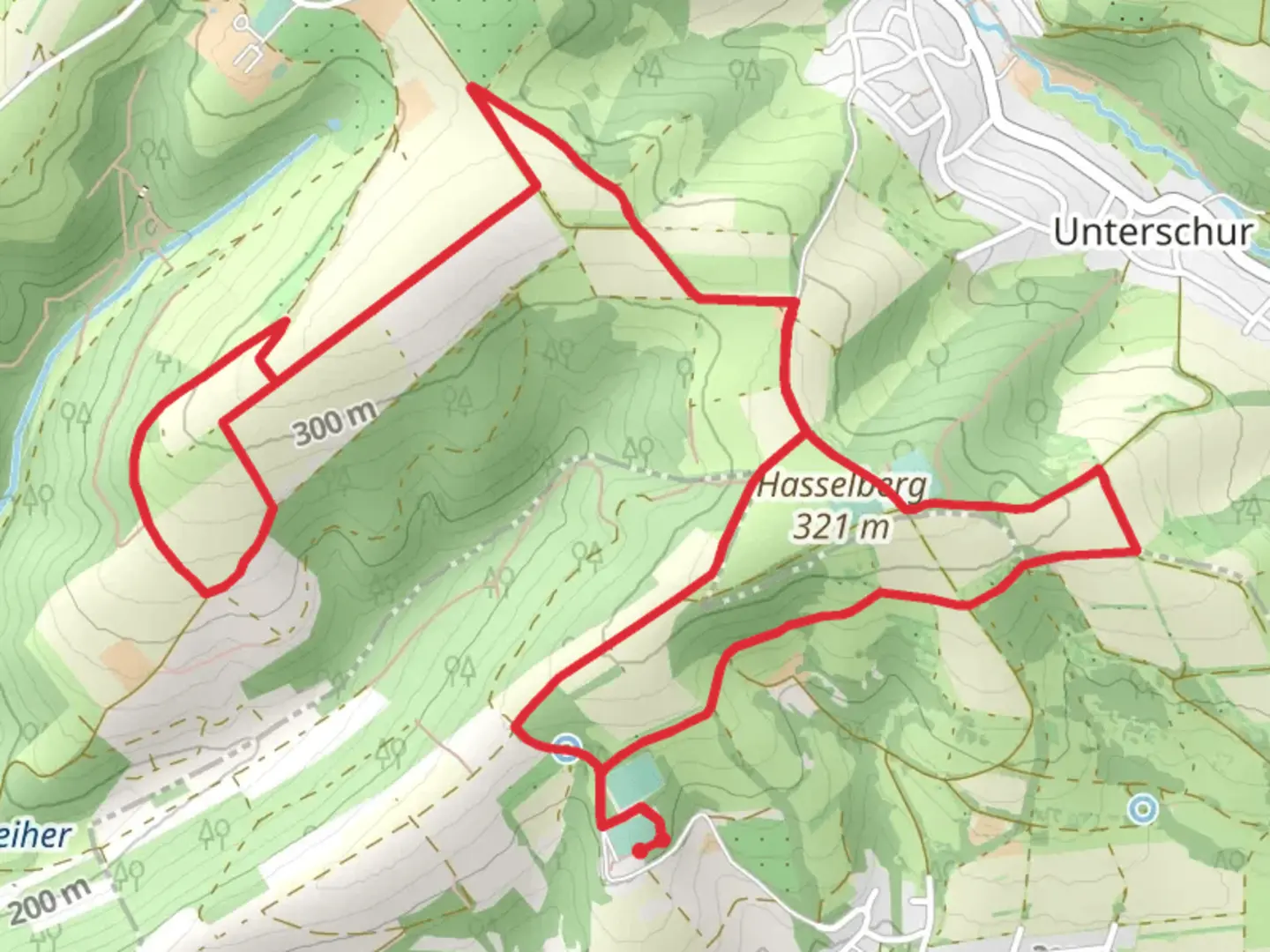 An image depicting the trail Hasselberg via Degen Weg and its surrounding area.
