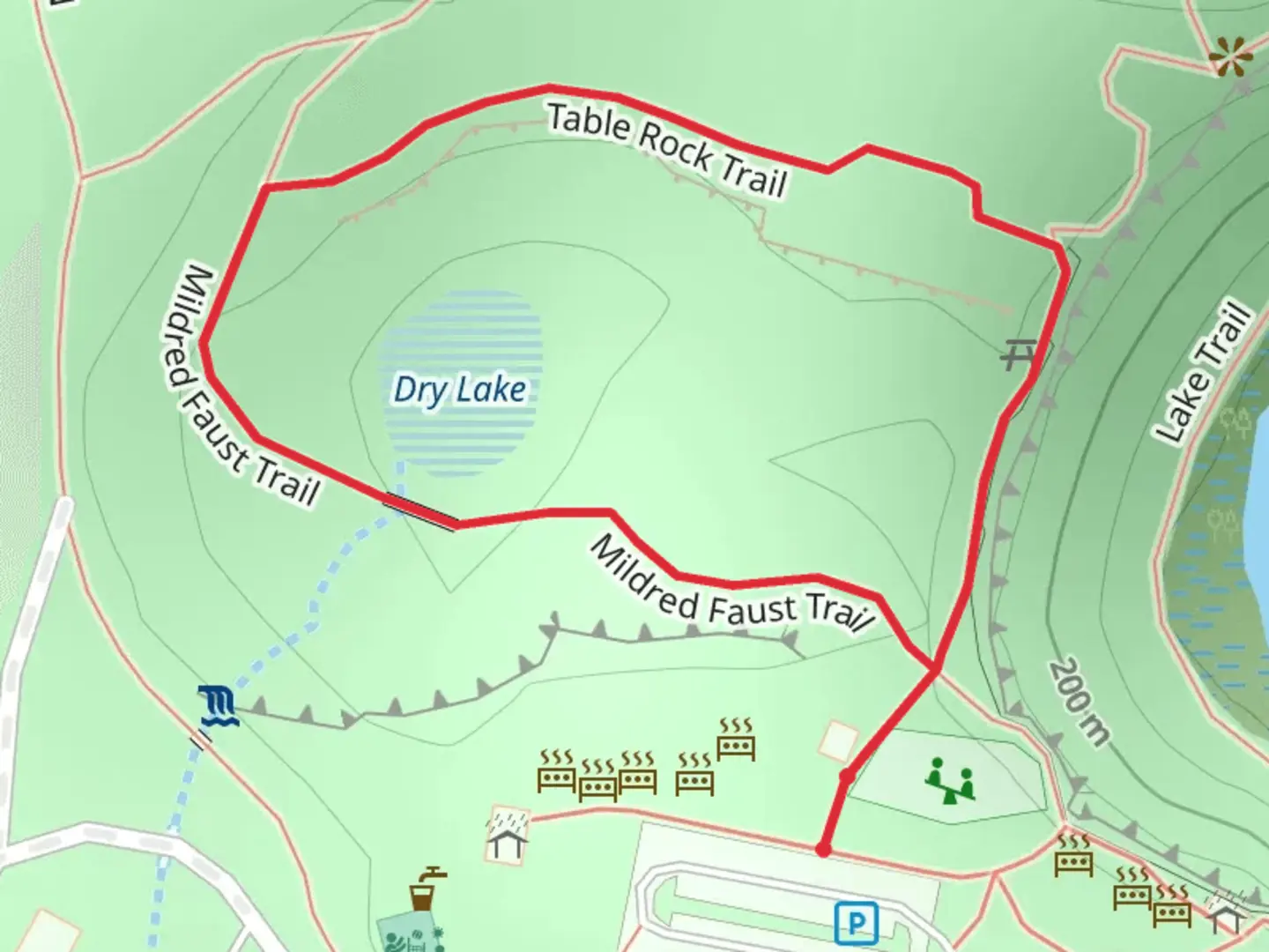 An image depicting the trail Dry Lake Loop via Mildred Faust Trail and its surrounding area.