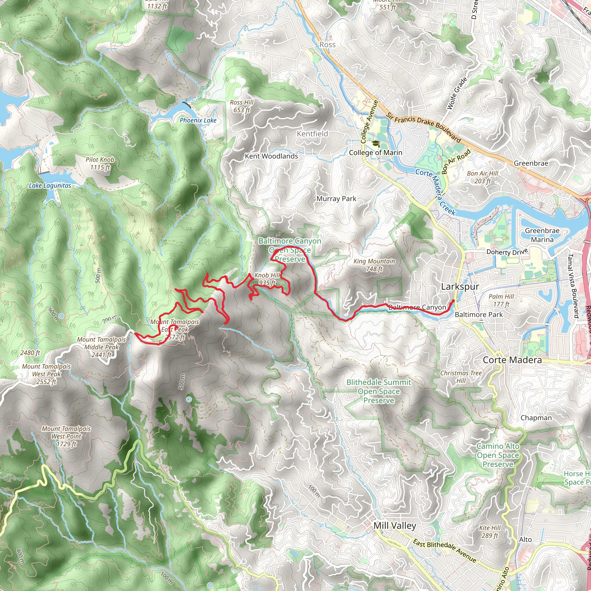 Mount Tamalpais East Peak via Dawn Falls Trail mobile static map