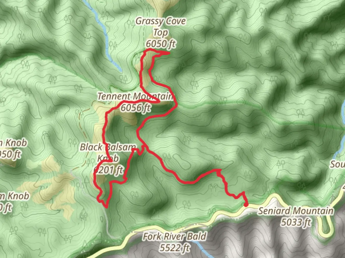 An image depicting the trail Mountains-to-Sea, Black Balsam Knob and tennent Mountain Loop Trail and its surrounding area.