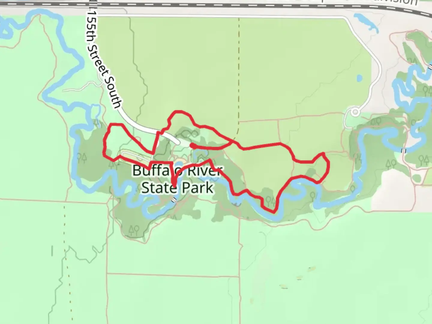 An image depicting the trail Buffalo River State Park Loop - North and its surrounding area.