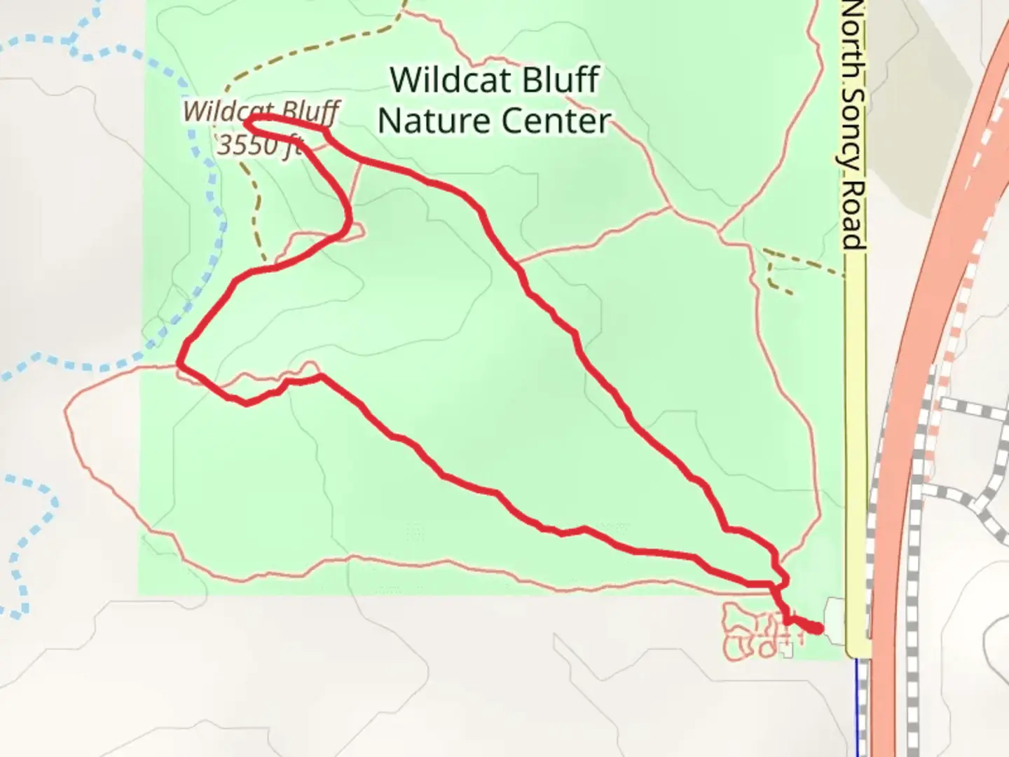 An image depicting the trail Wildcat Bluff Loop and its surrounding area.