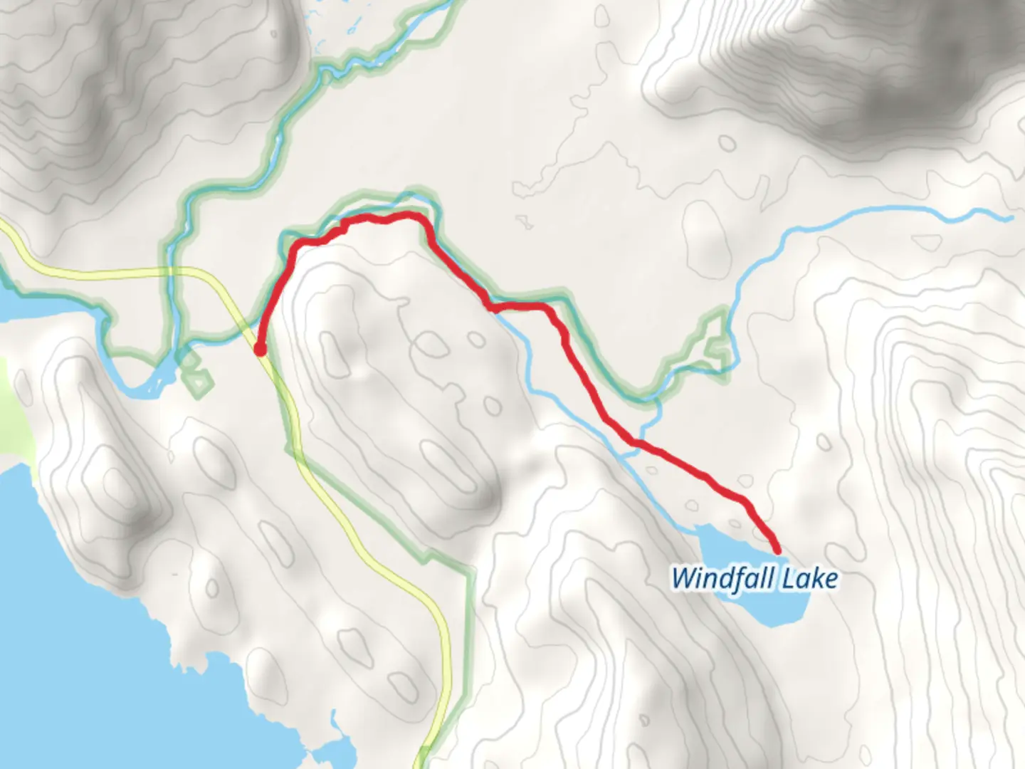 An image depicting the trail Windfall Lake Trail and its surrounding area.