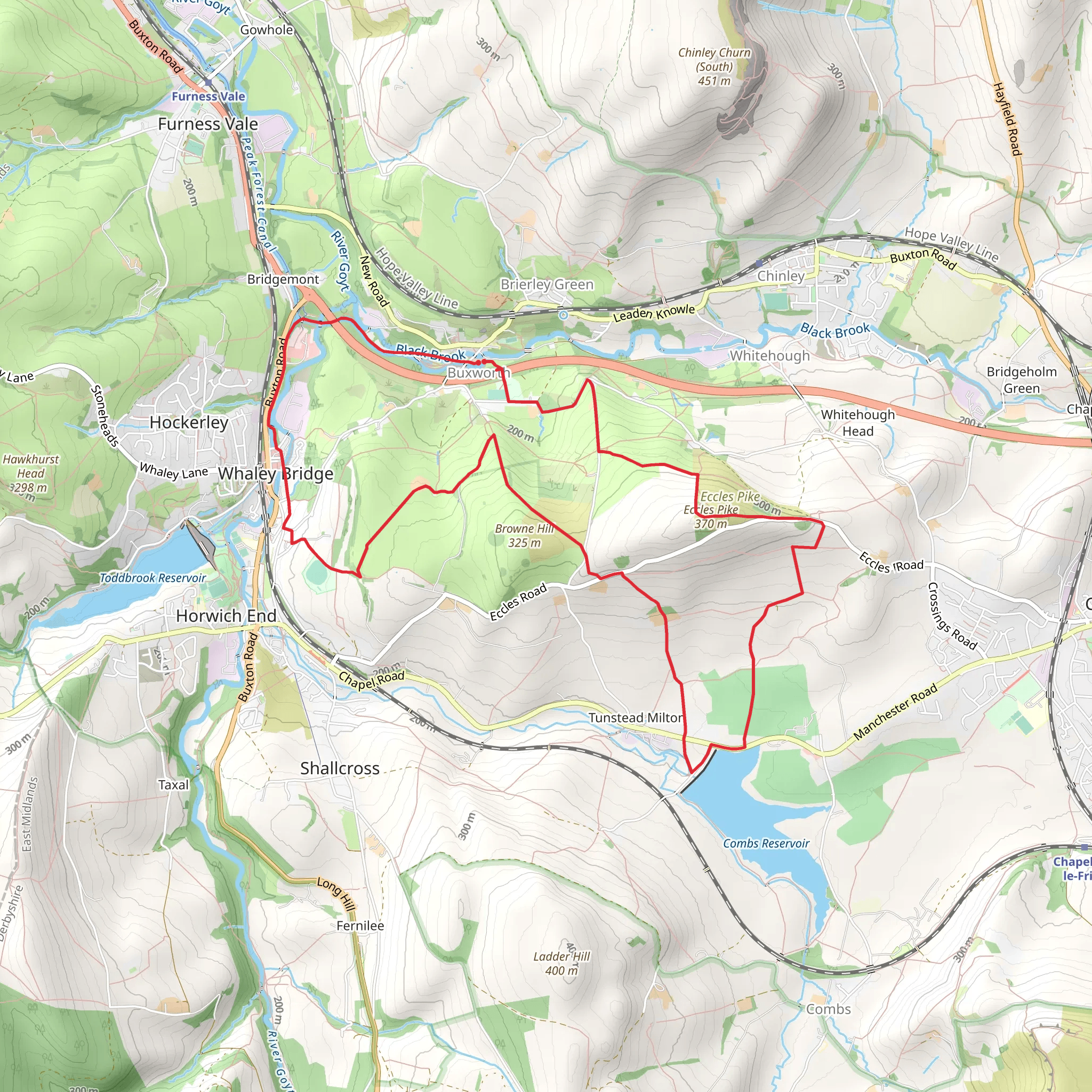 Buxworth - Whaley Bridge and Tunstead Milton Loop via Combs Reservoir mobile static map