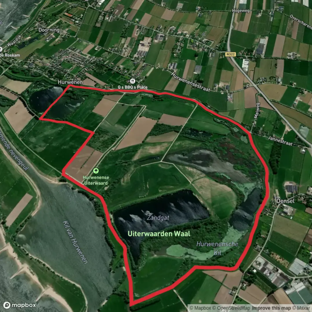 An image depicting the trail Uiterwaarden Waal and Hurwenensche Kit and Hurwenen Loop and its surrounding area.