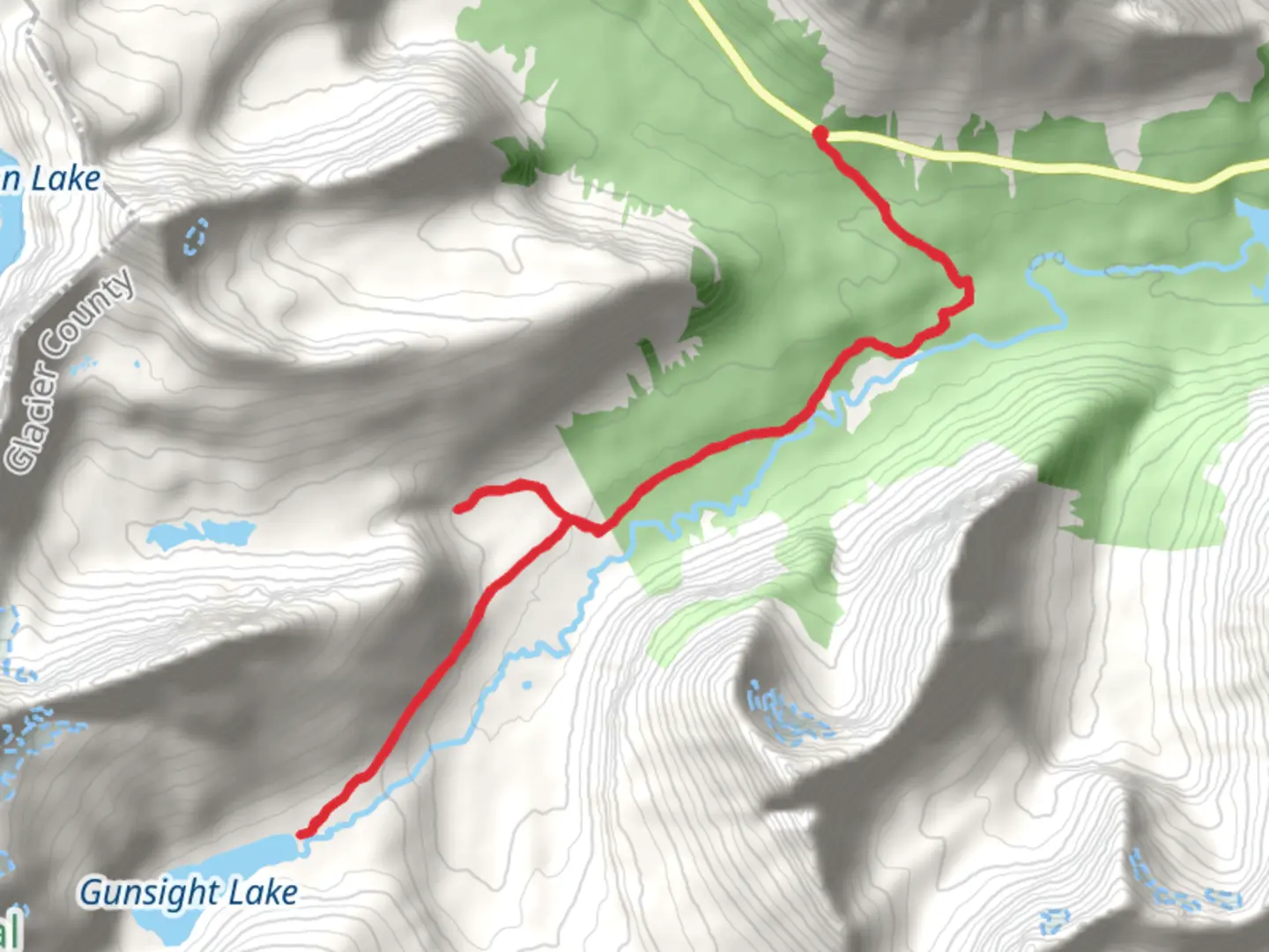 An image depicting the trail Florence Falls and Gunsight Lake via Piegan Pass and its surrounding area.
