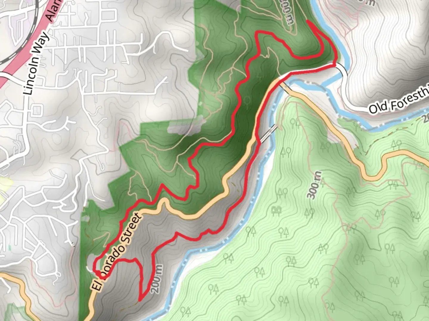 An image depicting the trail El Dorado Street Loop and its surrounding area.