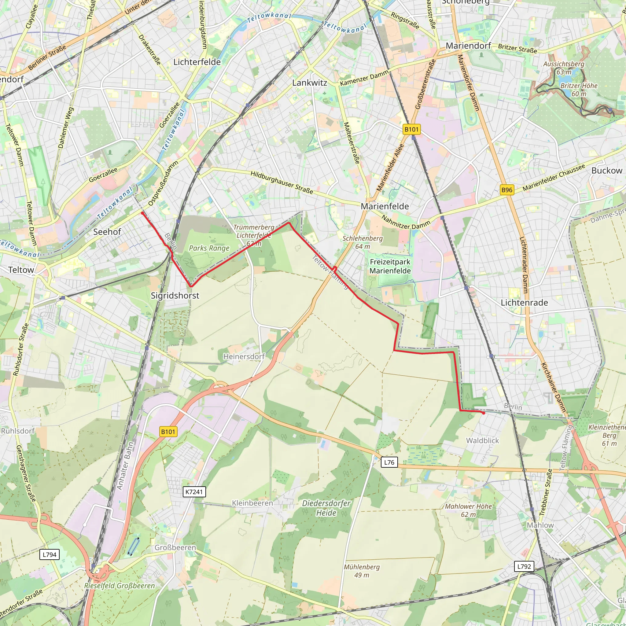 Waldblick to Lichterfelde Sued via Teltower Doerferweg mobile static map