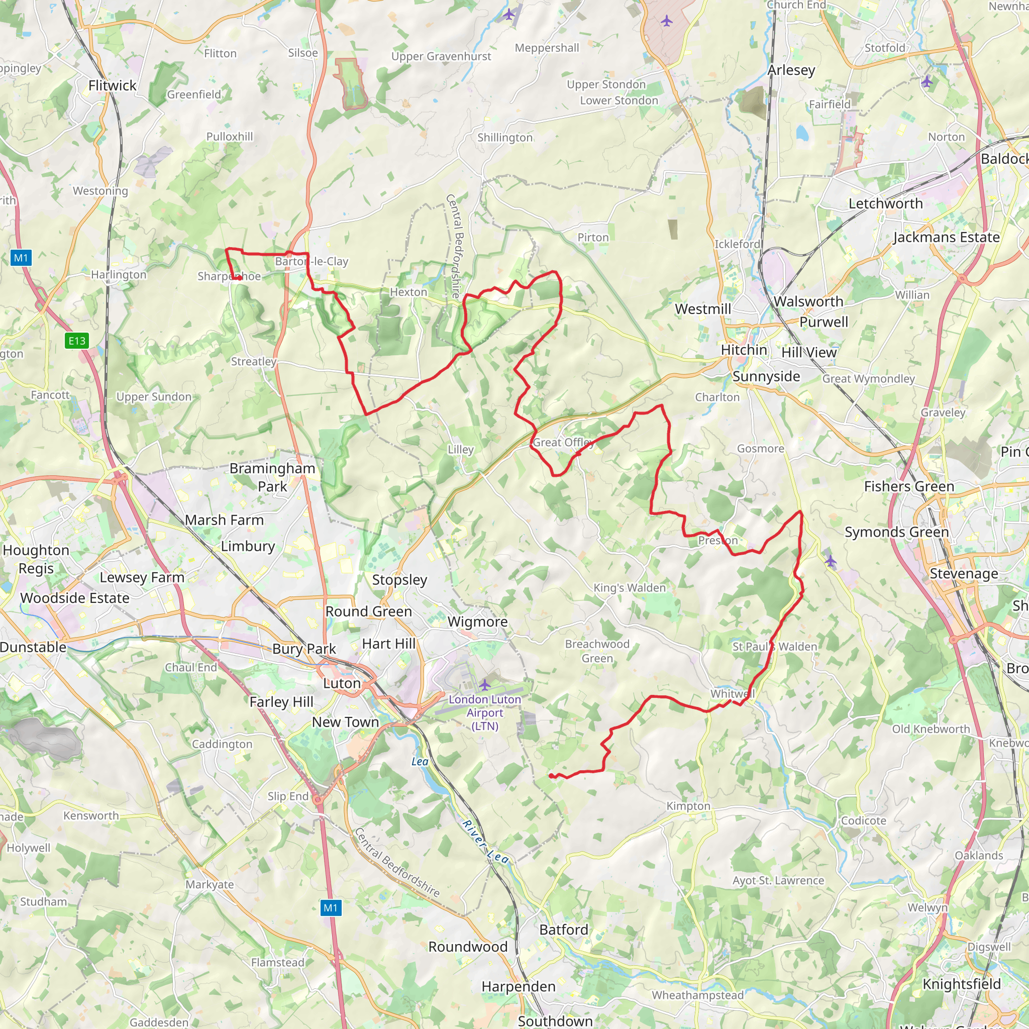 Sharpenhoe Clappers to Peter's Green via Chiltern Way mobile static map