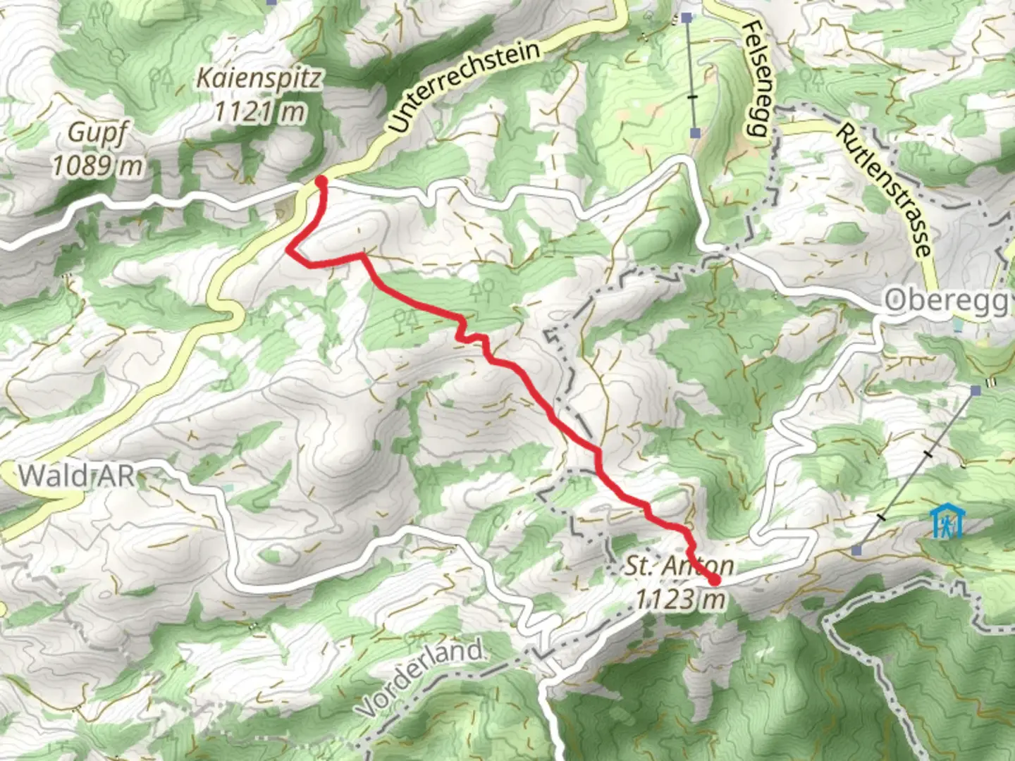 An image depicting the trail Kaien to St Anton Trail and its surrounding area.