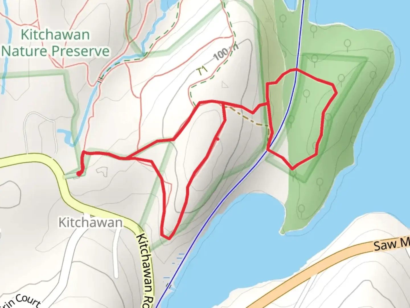 An image depicting the trail Ledge Trail and Kitchawan Loop Trail and its surrounding area.