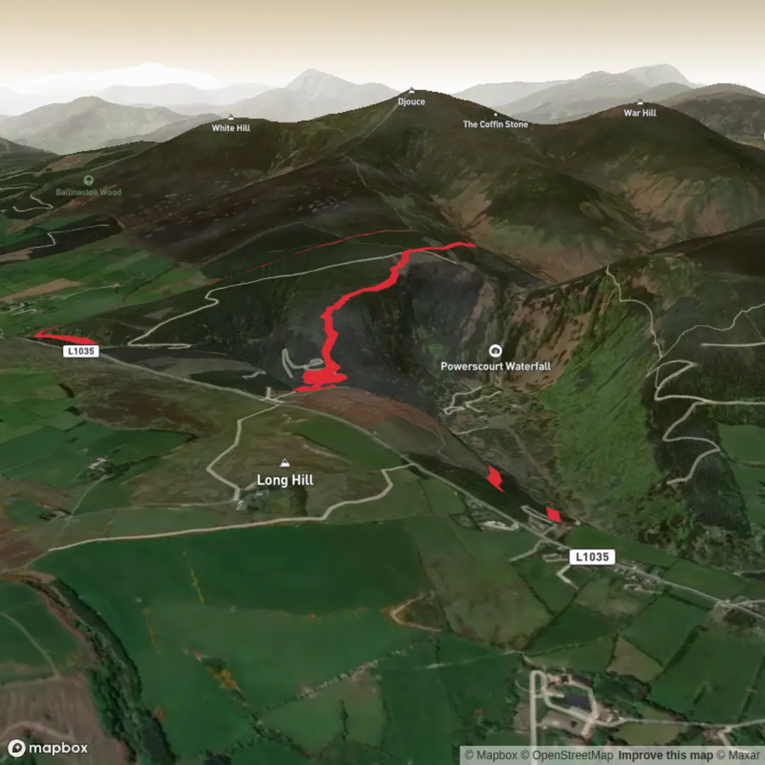An image depicting the trail Djouce Woods Loop (Copy) and its surrounding area.