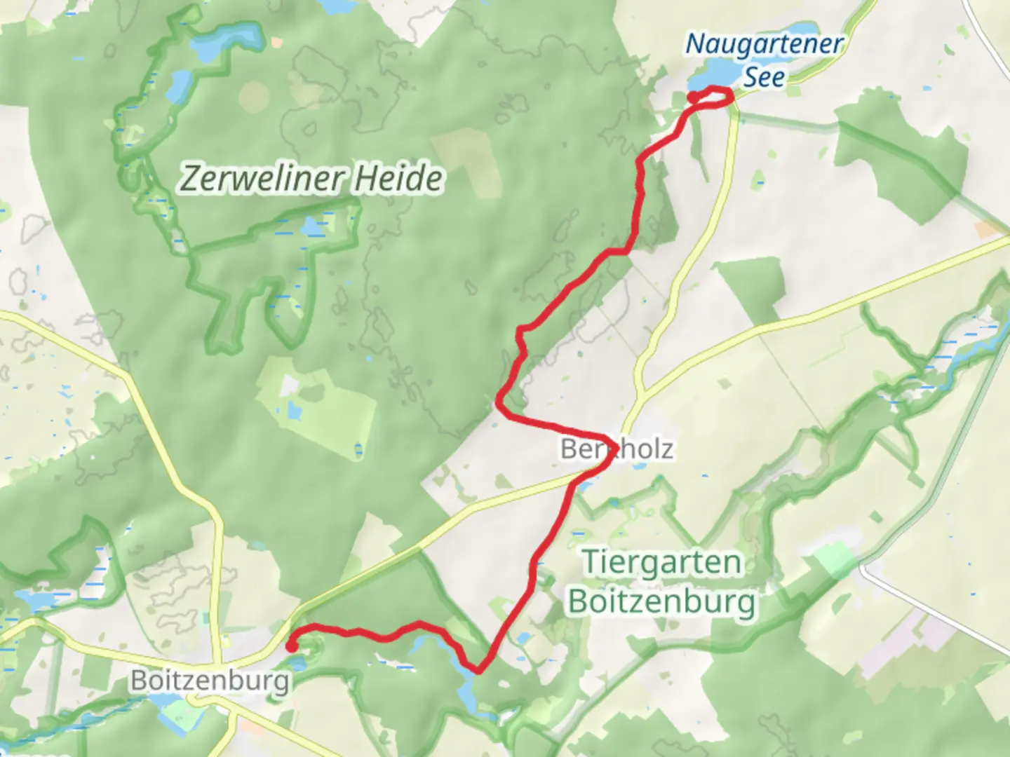 An image depicting the trail Boitzenburg to Naugarten via Rummelpforter Muehlenteich and its surrounding area.
