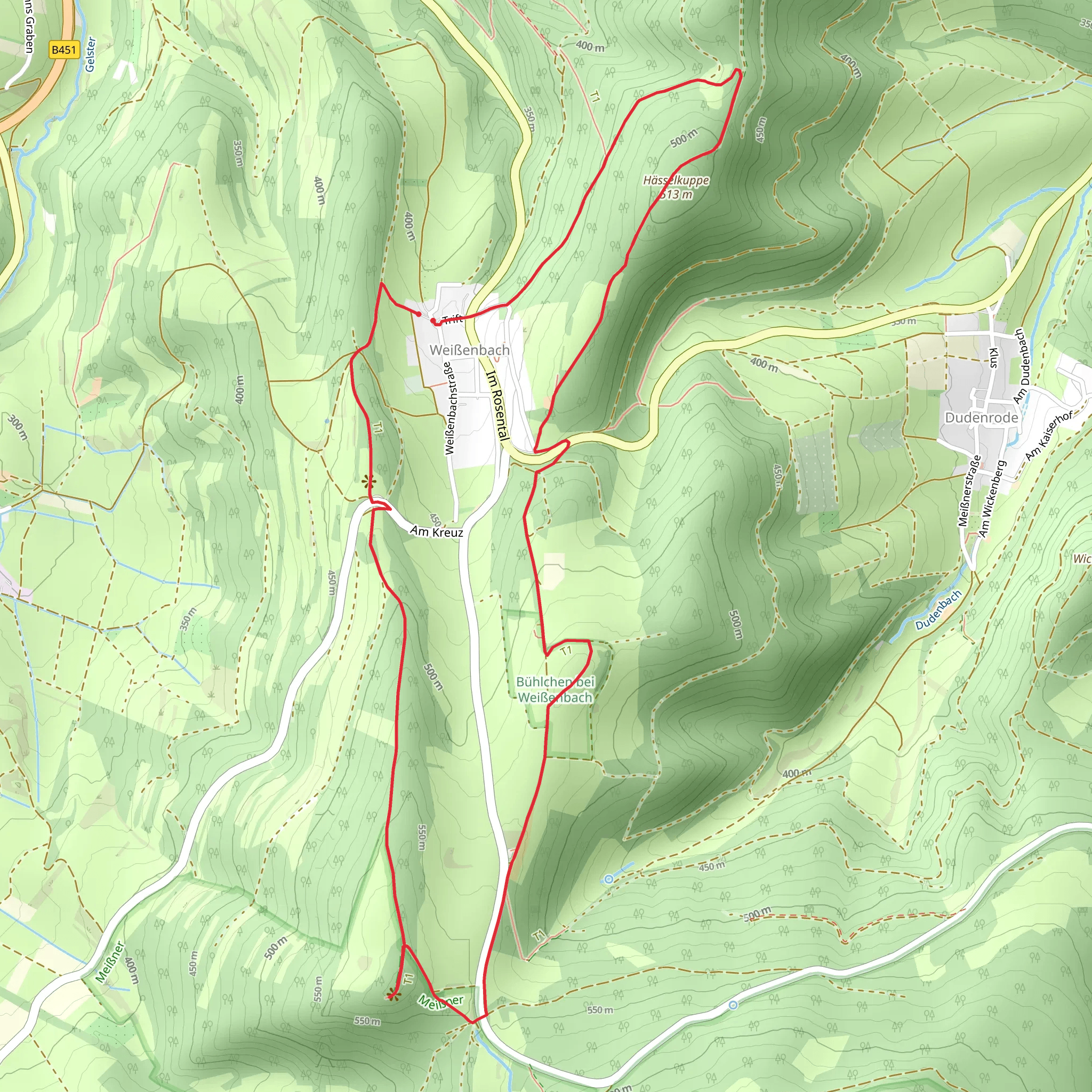 Aussuchtspunkt Heilgenbern and Haesselkuppe via Rundweg Heiligenberg and Frau Holle Pfad mobile static map