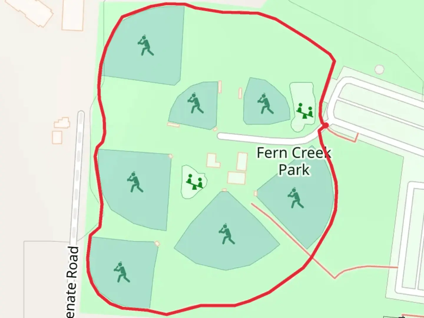 An image depicting the trail Fern Creek Park Loop and its surrounding area.