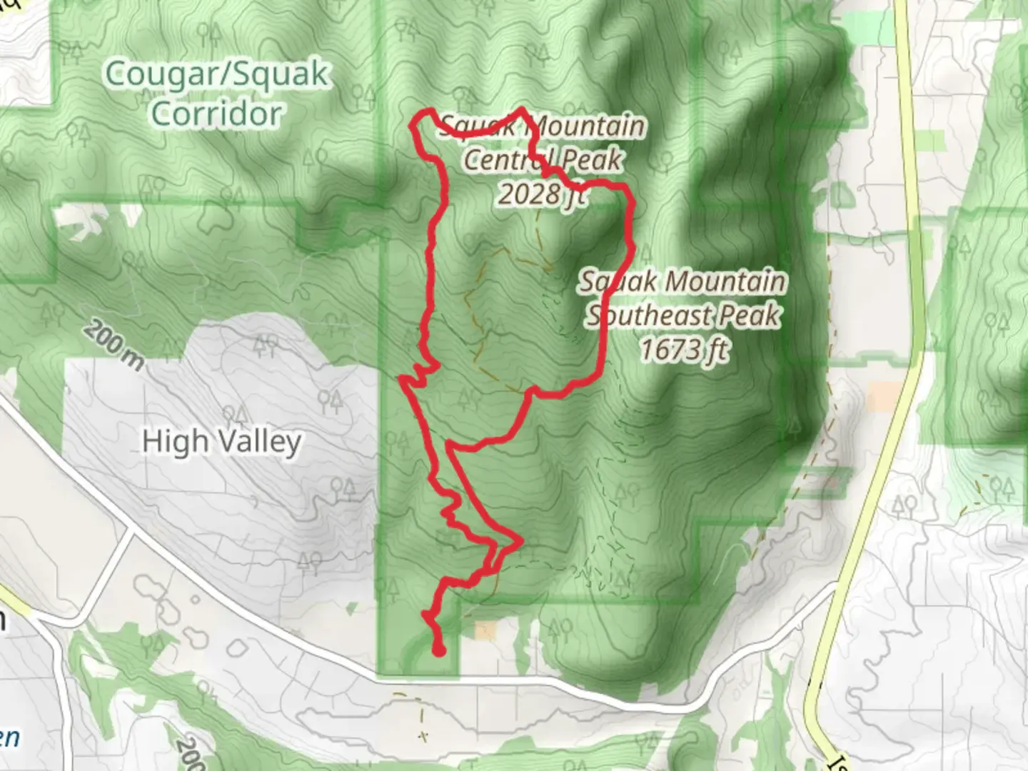 An image depicting the trail Squak Mountain Central Peak via Summit Trail and its surrounding area.