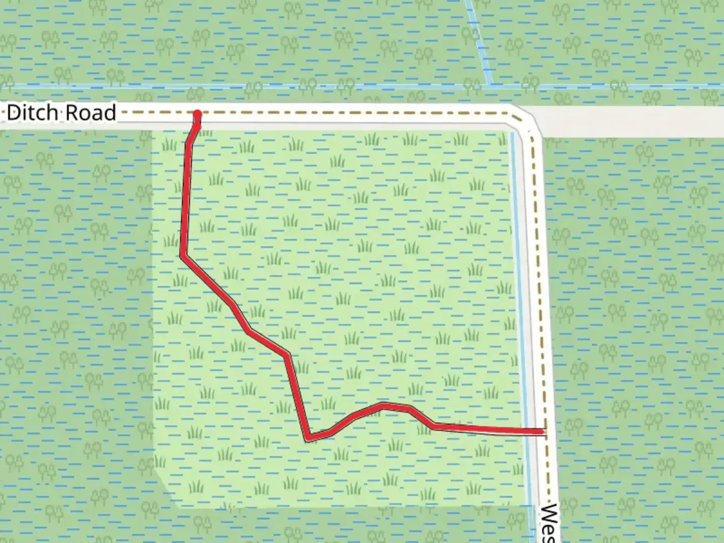 An image depicting the trail Railroad Ditch Road and its surrounding area.