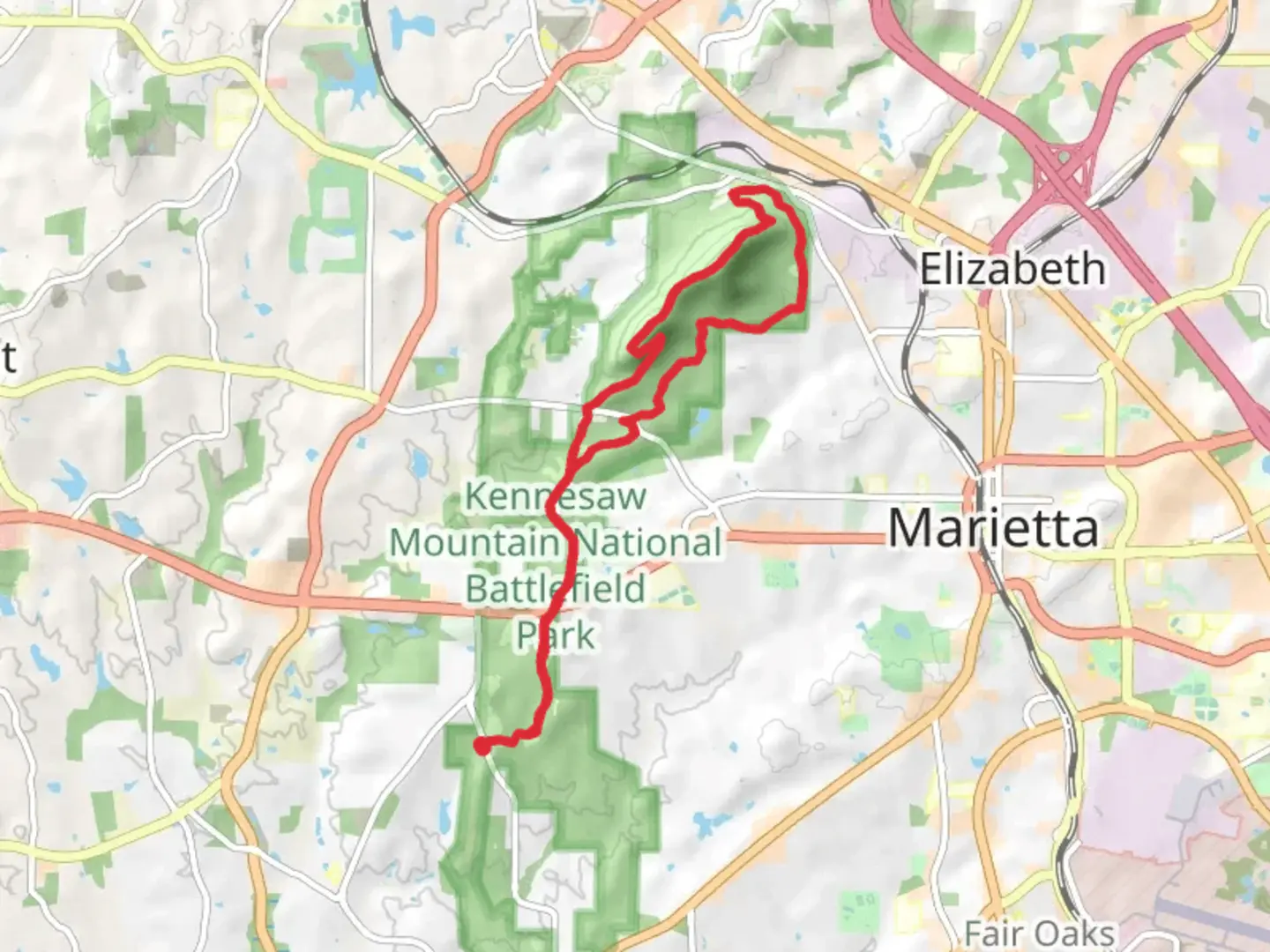 An image depicting the trail Cheatham Hill, Pigeon Hill, Little Kennesaw and Kennesaw Mountain Loop Trail and its surrounding area.