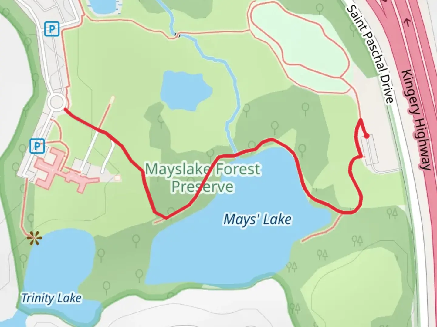 An image depicting the trail May's Lake North Shore Walk and its surrounding area.