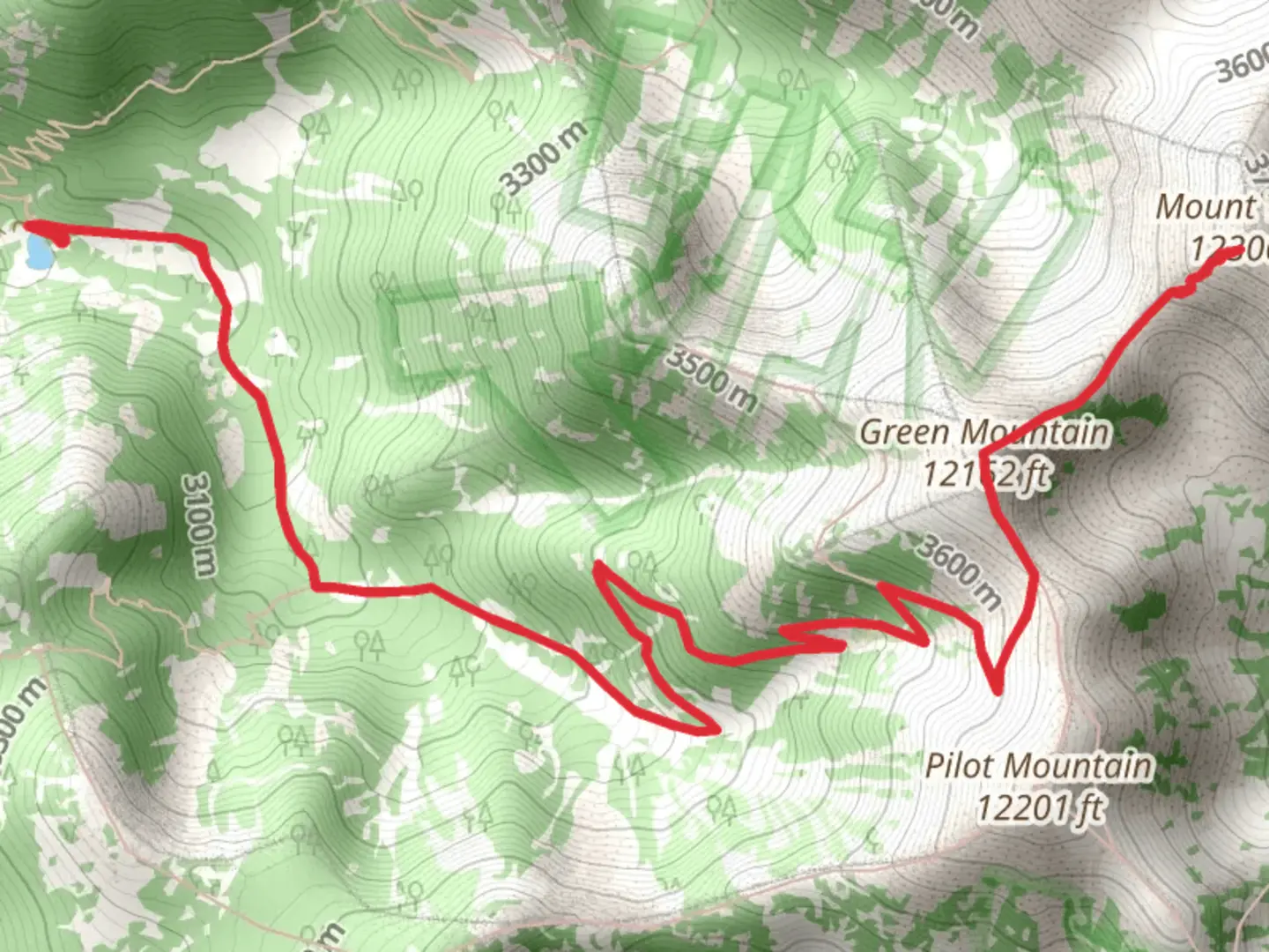 An image depicting the trail Green Mountain and Mount Waas and its surrounding area.