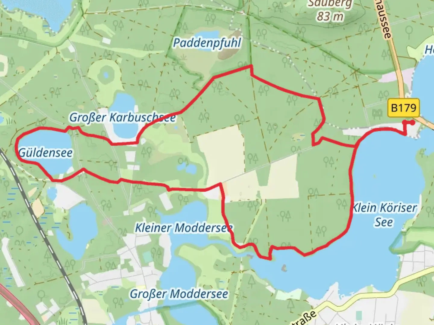 An image depicting the trail Wilhelminenhofer Weg, Güldensee and Großer Karbuschsee Loop and its surrounding area.