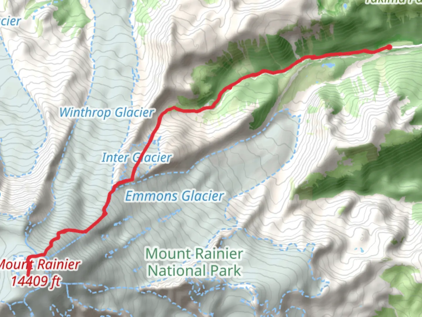 An image depicting the trail Steamboat Prow and Columbia Crest via Glacier Basin Trail and its surrounding area.