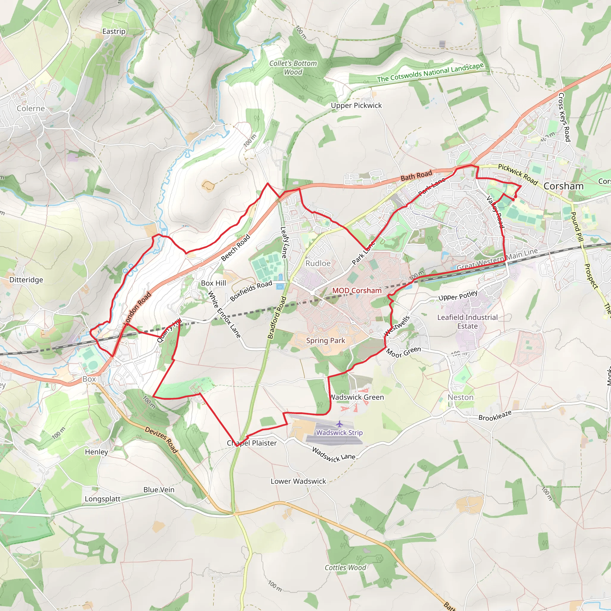 Corsham to Box Peacock Trail mobile static map