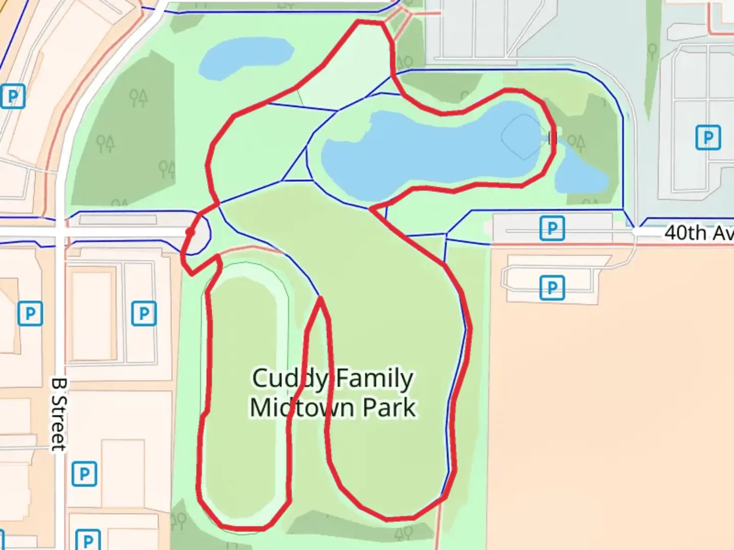 An image depicting the trail Cuddy Family Midtown Park Loop and its surrounding area.
