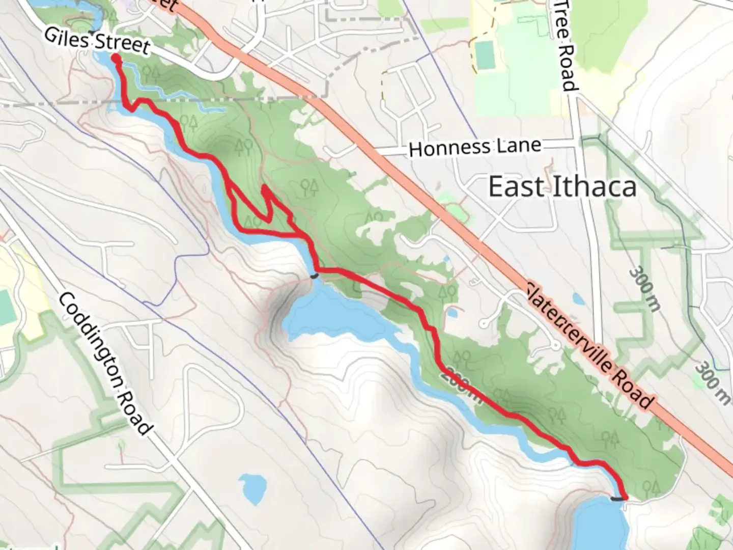 An image depicting the trail Six Mile Creek and Ithaca Reservoir and its surrounding area.