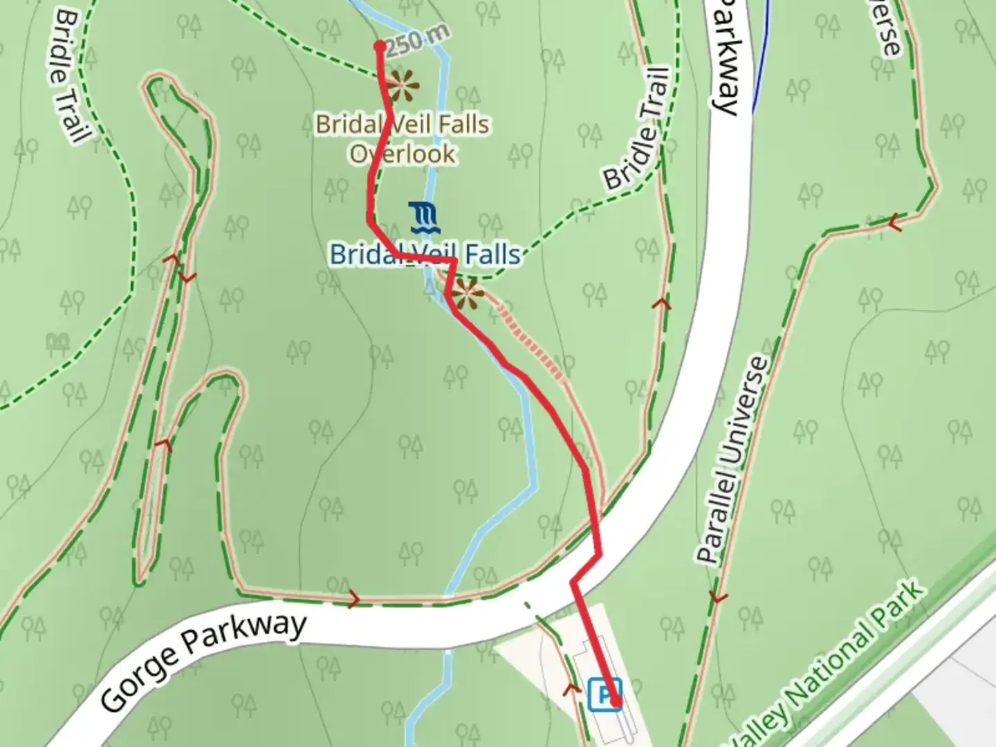 An image depicting the trail Bridle Trail from Gorge Parkway and its surrounding area.