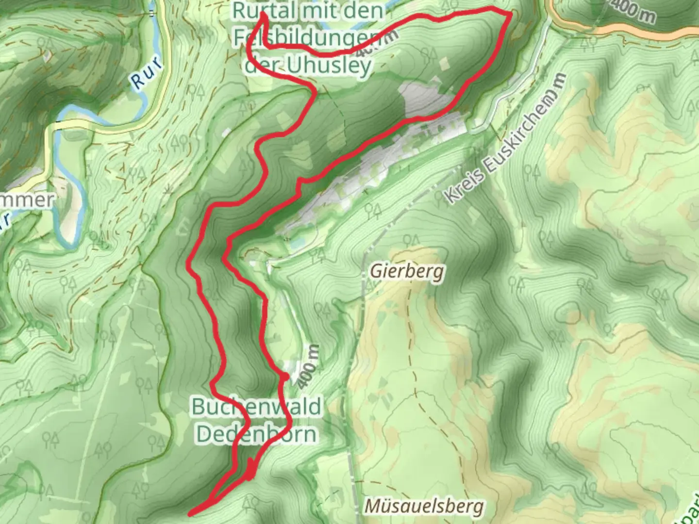An image depicting the trail Buchenwald Dedenborn Loop via Matthiasweg and its surrounding area.