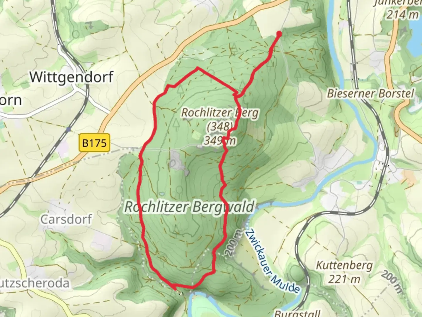 An image depicting the trail Panoramaausblick and Rochlitzer Bergwald via Lachweg and its surrounding area.