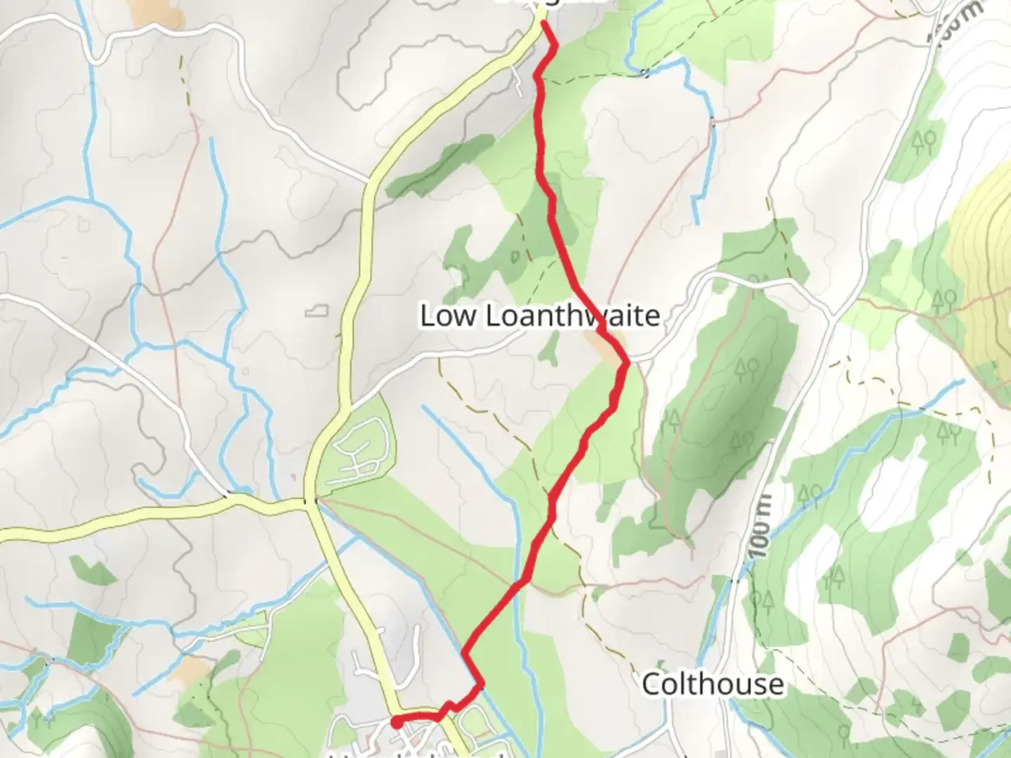 An image depicting the trail Hawkshead to Loanthwaite Lane and its surrounding area.