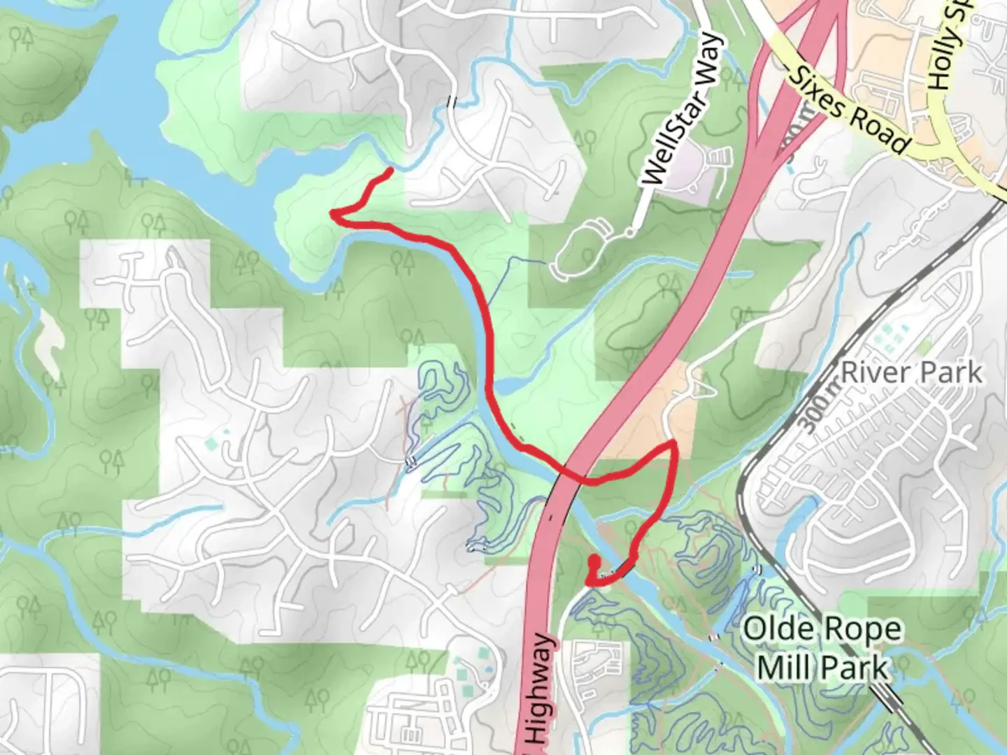An image depicting the trail Walk along Little River from Olde Rope Mill Park and its surrounding area.
