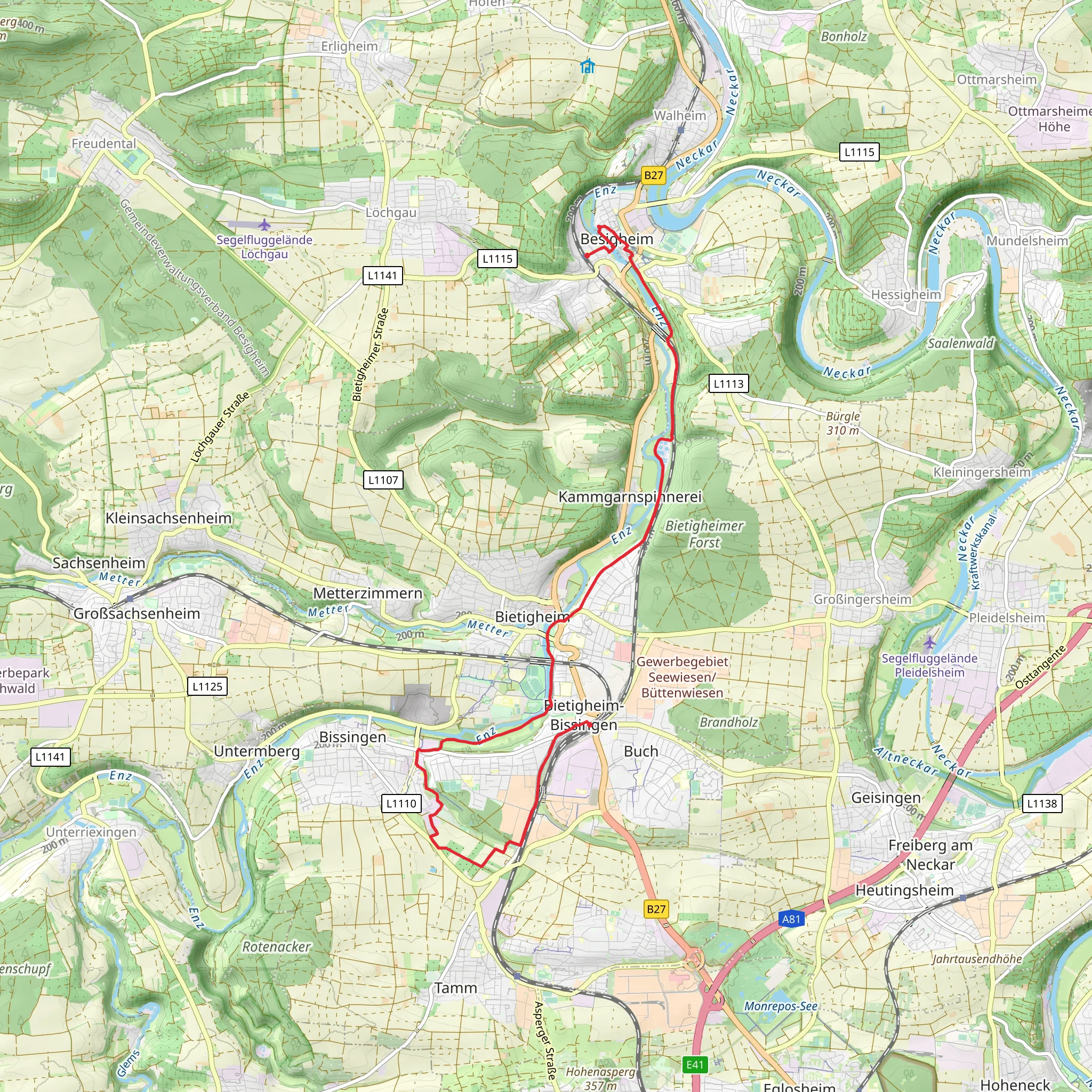 Besigheim to Bietigheim-Bissingen via Enztal mobile static map