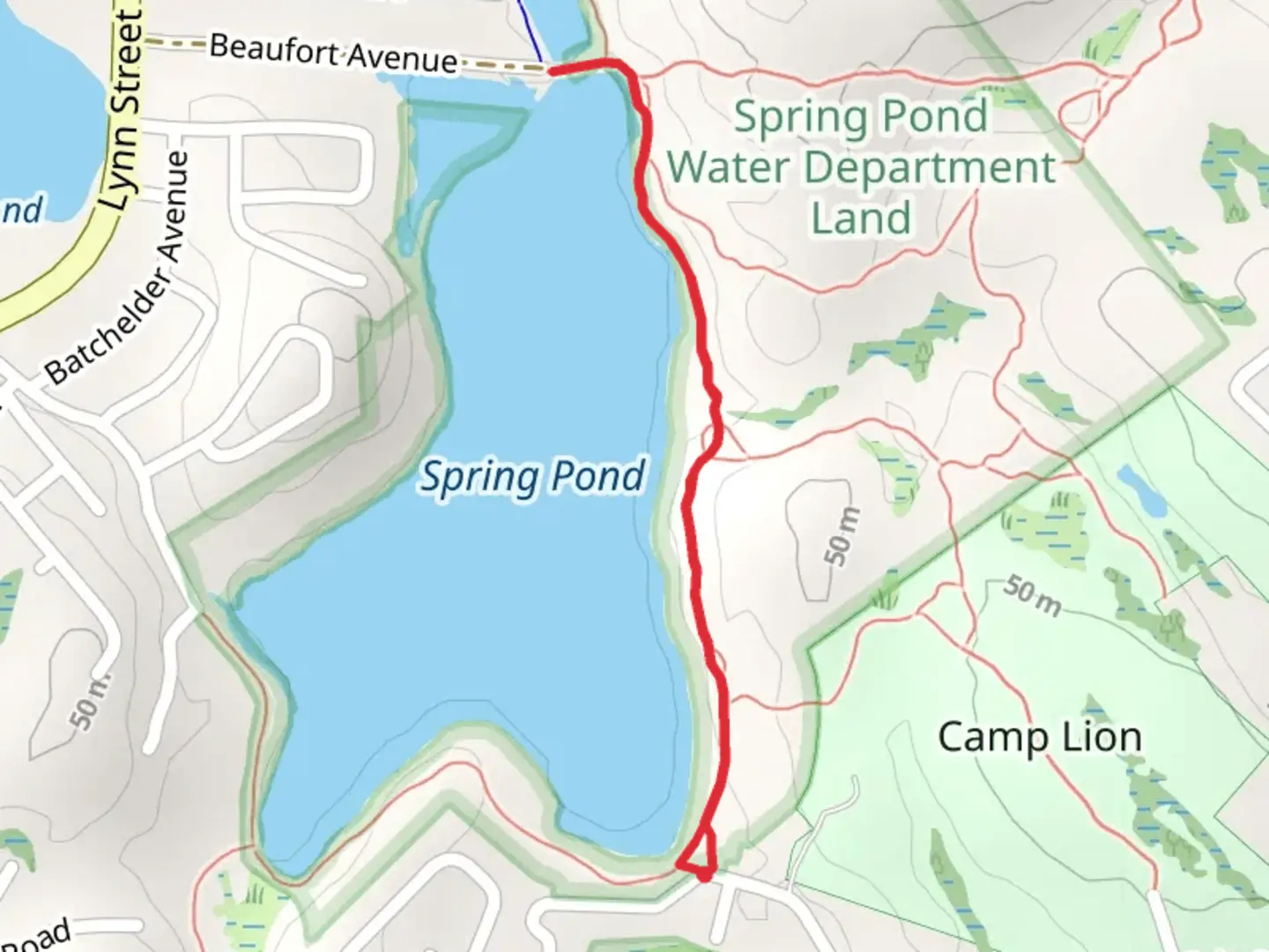 An image depicting the trail Spring Pond East Shore Trail and its surrounding area.