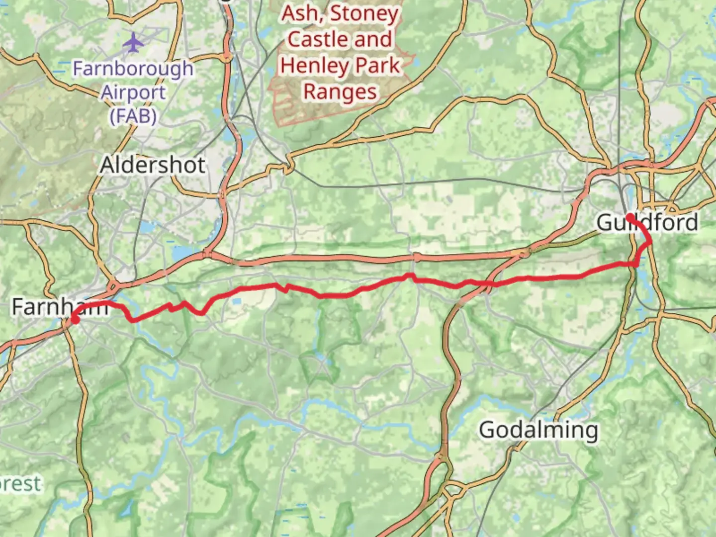 An image depicting the trail Farnham to Guildford Walk and its surrounding area.