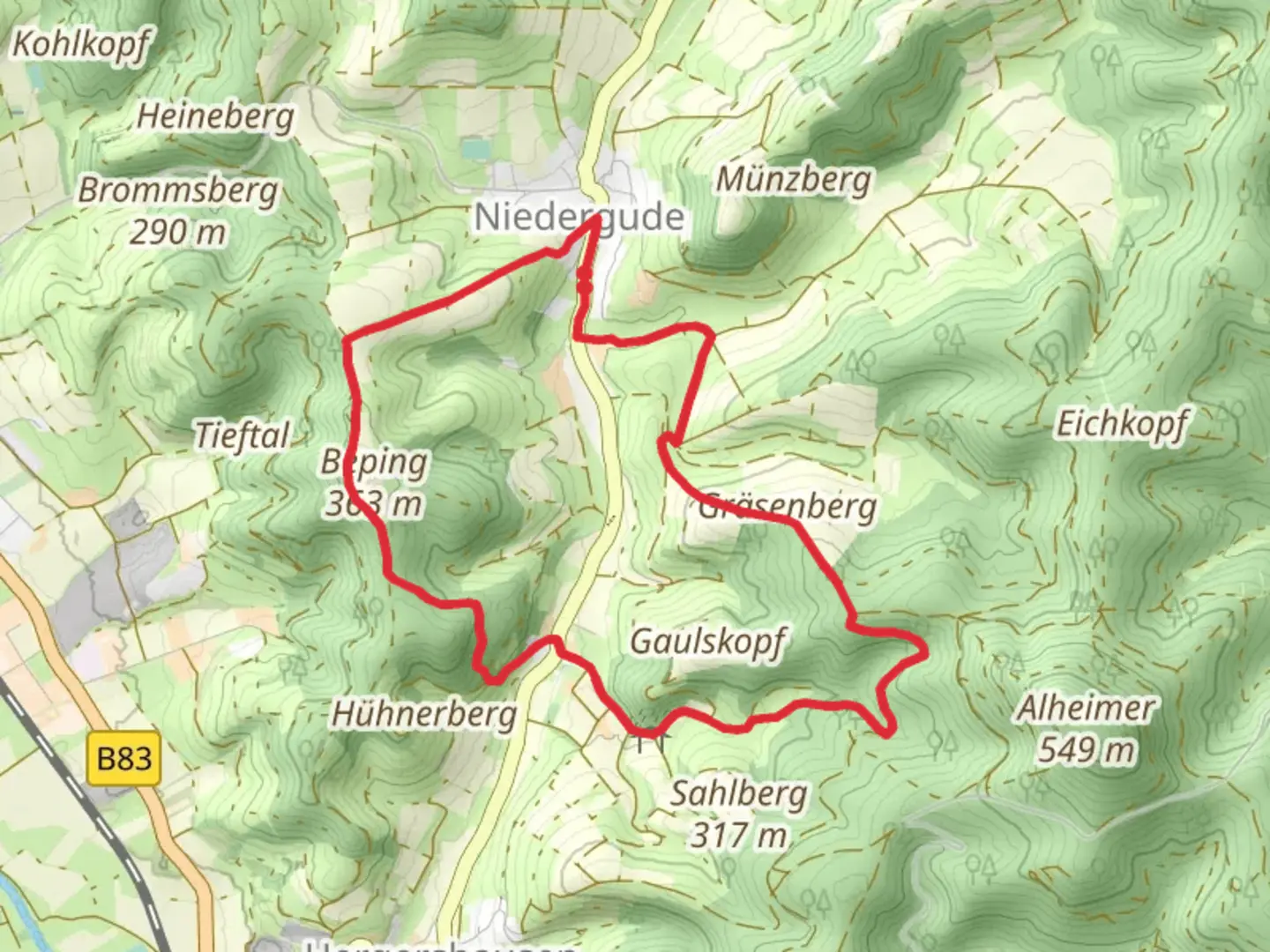 An image depicting the trail Niedergude Rundweg and its surrounding area.