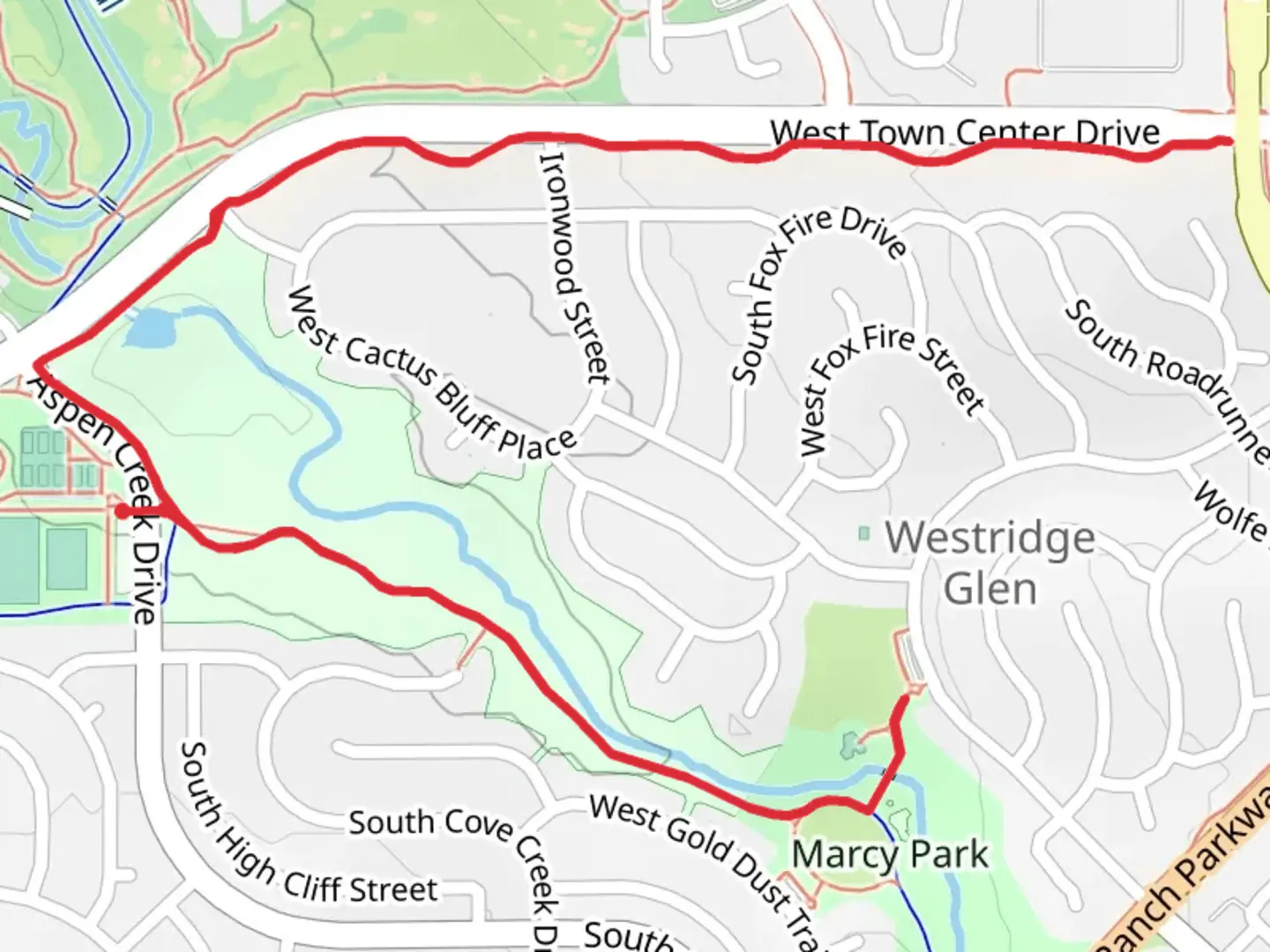An image depicting the trail Marcy Gulch and West Town Centre and its surrounding area.