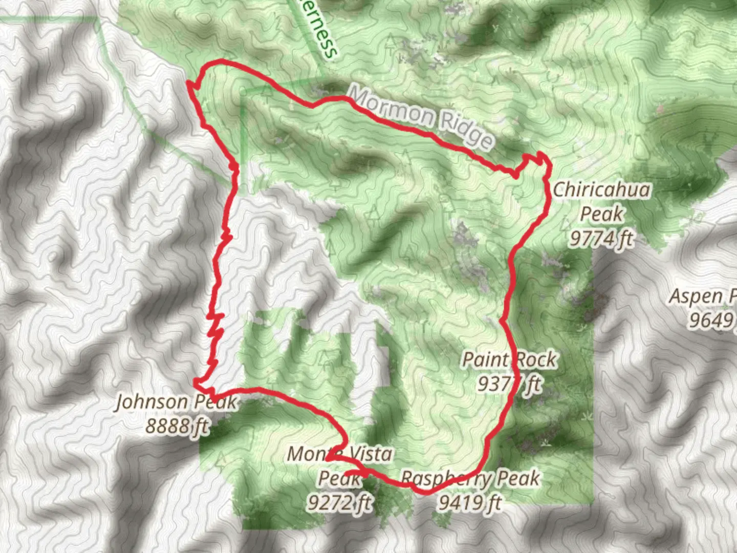 An image depicting the trail Morse Canyon Trail-Monte Vista Peak-Raspberry Ridge Trail Loop and its surrounding area.