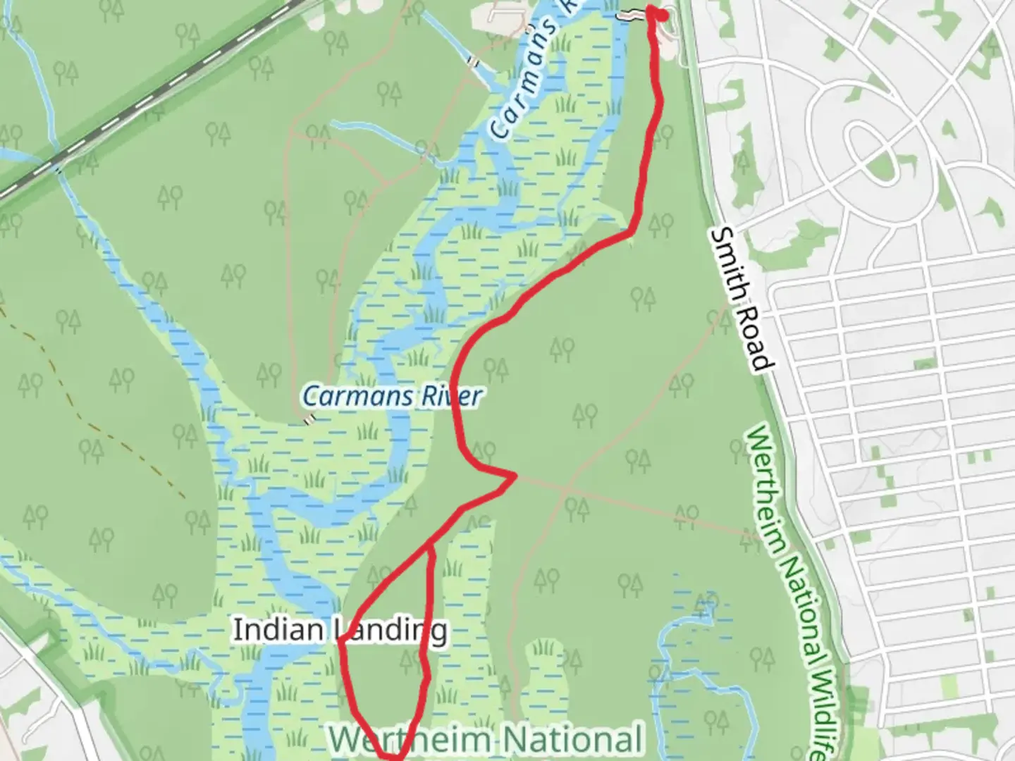 An image depicting the trail Indian Landing Loop via Black Tupelo Trail and its surrounding area.