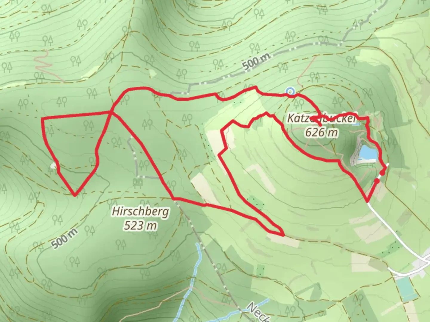 An image depicting the trail Katzenbuckelsee and Katzenbuckel via Katzensteig and its surrounding area.