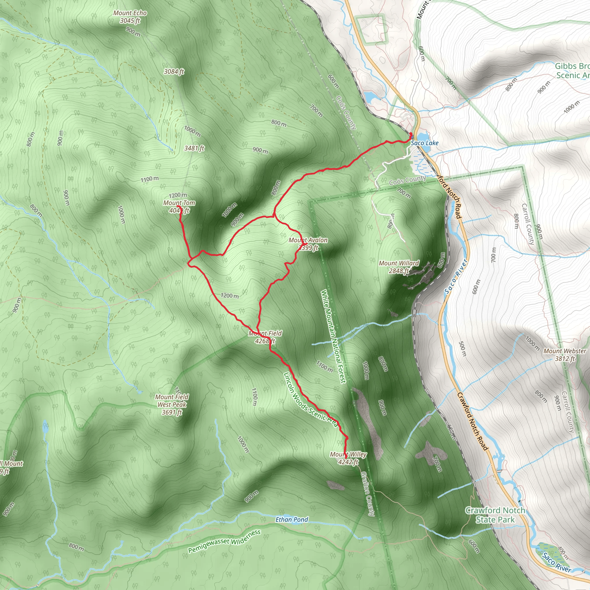 Mount Tom, Mount Willey and Mount Avalon Loop Trail - Crawford mobile static map